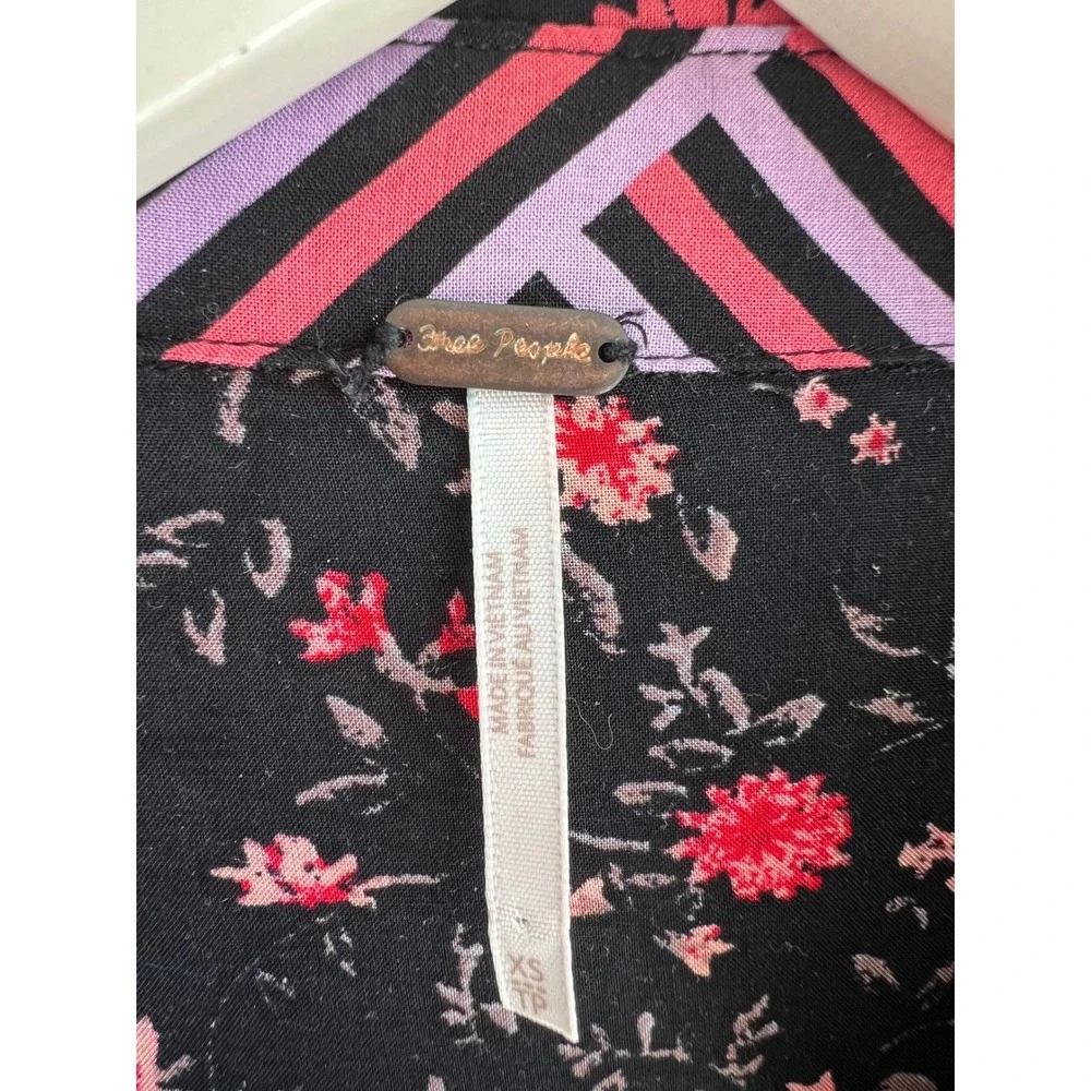 Free People Hazel Buttondown Black Combo Floral Stripe‎ Blouse XS Boho Top